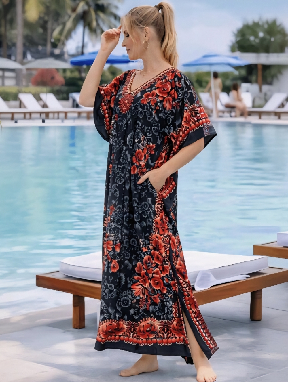 Women's Floral Maxi Kaftan Dress - Black with Red Floral Print